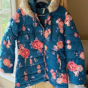 Matilda Jane Size Large Floral Puffer Jacket with Faux Fur Hood